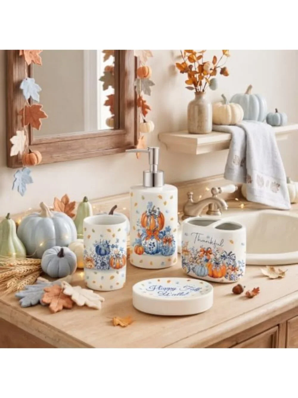 4-Piece Fall Ceramic Bathroom Set - Blue & White Pumpkin Decor, Soap Dispenser